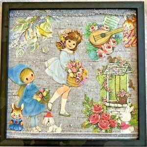 Easter Spring Handmade Collage Framed Picture Vintage Girls & Bunnies Wall Art